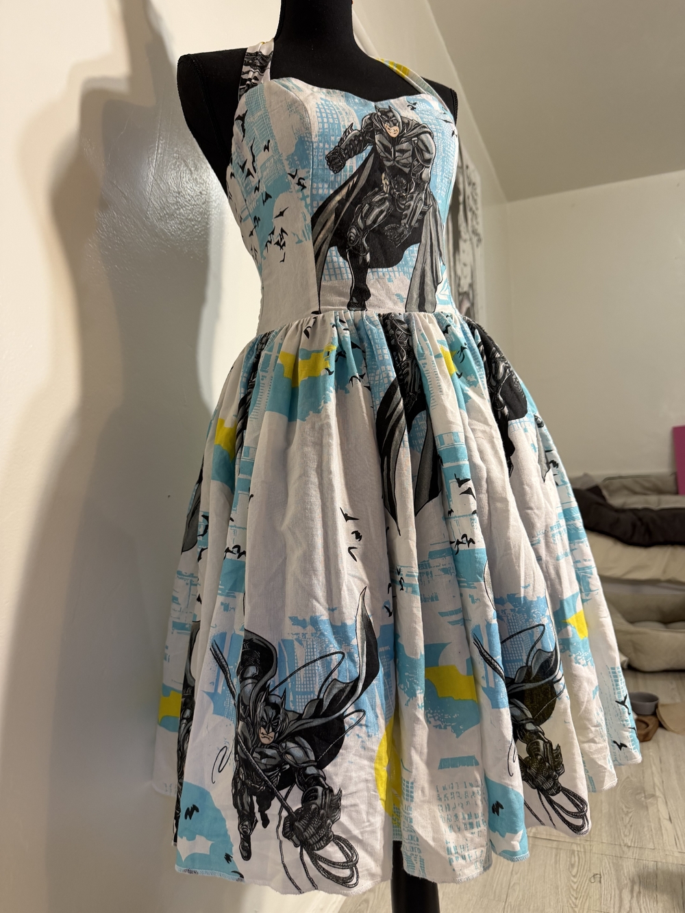 Batman Print Halter Swing Dress in White & Blue